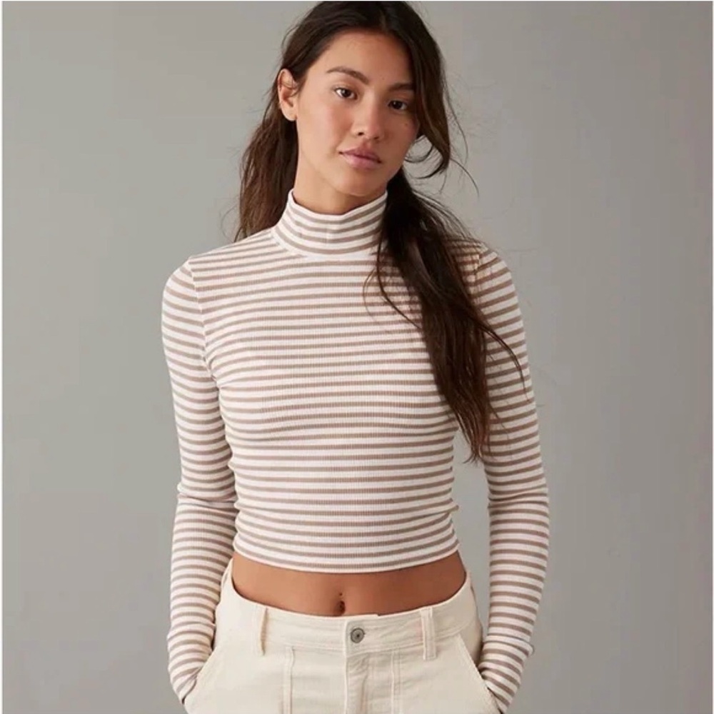American Eagle Outfitters Striped Cream and Brown Long Sleeve Top